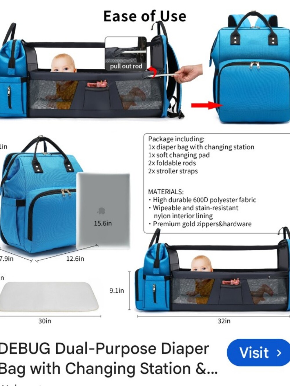 DEBUG Dual-Purpose Diaper Bag with Changing Station & Bassinet, Blue NWT